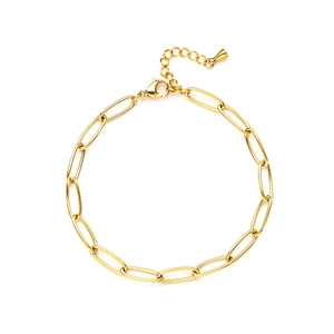 Detail of adjustable gold paperclip chain bracelet with lobster clasp and metal texture