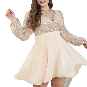 Elegant champagne sequin V-neck party dress with long sleeves and bodycon fit for women