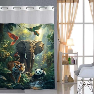 Hookless Shower Curtain With Detachable Snap In Liner Waffle Fabric Waterproof Jungle Animal Elephant Giraffe Print Bathroom
