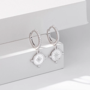 S925 silver hoop earrings with north star coin pendants and sparkling zircon stones