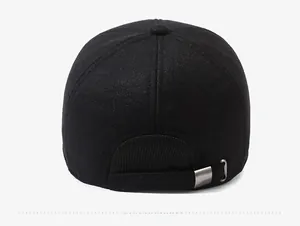 Rear view of wool baseball cap showing silver metal buckle for size adjustment