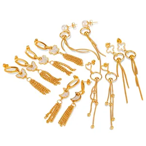 Fashion Stainless Steel Long Tassel Drop Earrings Gold Plated Rhinestone Artificial Pearl Butterfly Moon Heart Dangle Earrings For Women