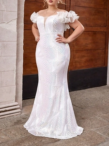 Elegant white plus size sequin mermaid dress with off-shoulder ruffles for formal parties