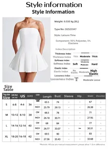 Detailed size chart and fabric composition for the strapless pleated short evening dress