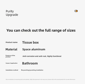 Detailed specs for gun-grey aluminum toilet tissue box with punch-free wall mount details