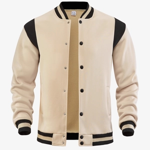 Men's American West Coast style varsity jacket in beige and black patchwork design
