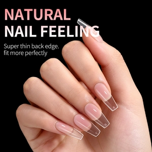 Extra long coffin shaped clear matte press on nails with seamless thin cuticle fit