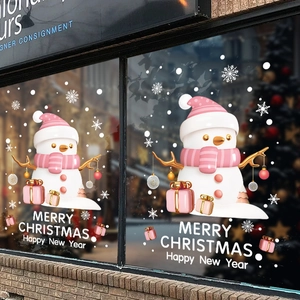 Christmas Snowman Window Stickers PVC Static Cling 3D Style Pink Snowflakes Reusable Shop Glass Door Home Decor