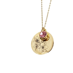 18K gold plated titanium necklace with floral engraved round pendant and pink gemstone