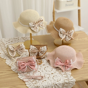 Chapeau De Paille Et Sac À Bandoulière Pour Enfants Filles Noeud Floral Dentelle Bord Ondulé Été Plage Accessoires De Protection Solaire