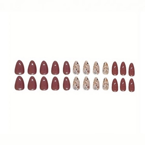 Set di 24 unghie finte color malva e beige con motivi floreali e forma a mandorla