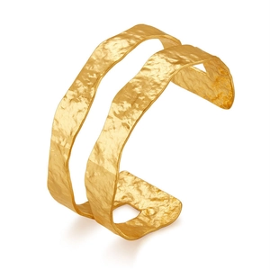 Modern double-layer open gold cuff bracelet with vintage hammered texture on white background