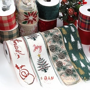 9mm velvet Christmas wired ribbon with pine cones and snowflakes for gift wrapping