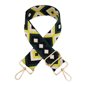 Detail of 5cm wide rhombus jacquard bag strap with adjustable light gold metal hooks