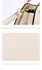Detail of multi-layer plated gold buckle and anti-scratch leather texture on beige handbag