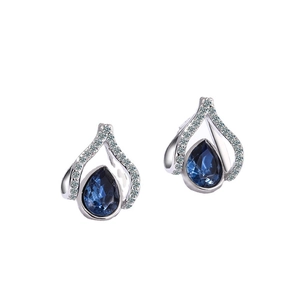 Water drop earrings with deep blue crystals and white cubic zirconia in silver frame