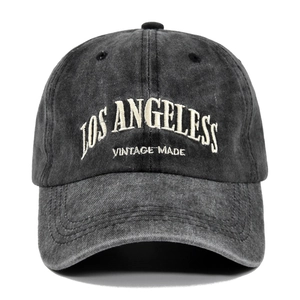 Vintage dark gray washed cotton baseball cap with Los Angeles 3D embroidery detail