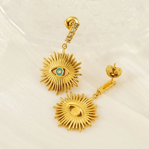 Gold-plated stainless steel evil eye earrings with blue stones and clear crystals