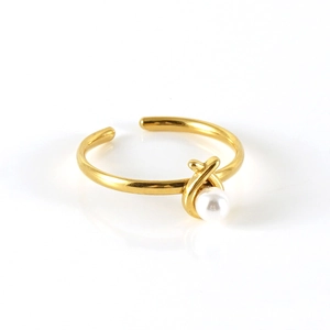 Minimalist gold plated stainless steel open ring with a white pearl in wrap design