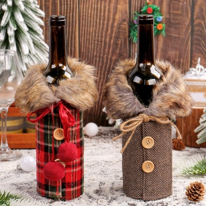Christmas Wine Bottle Cover Faux Fur Collar Plaid Herringbone Fabric Wooden Button Holiday Dining Table Decoration