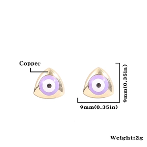 Triangle evil eye earrings in gold copper with purple enamel detailing, 9mm size