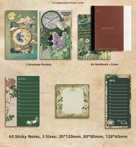 Detailed set of vintage stationery kit including cards, envelopes and A6 notebook layout
