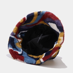 Colorful plush bucket hat with vibrant wave patterns and soft winter warm fabric