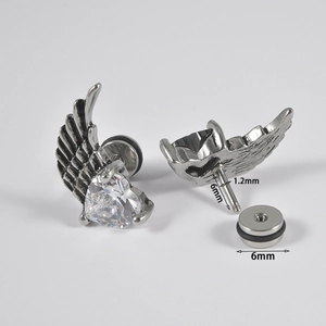 Surgical steel wing heart stud earrings with clear zircon and screw back details