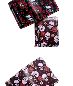 Detailed views of gothic wallets with skull and spider patterns in black and dark red leather