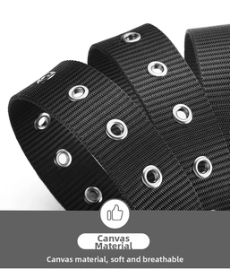 Detailed close-up of a black canvas belt featuring durable silver metal eyelets and texture