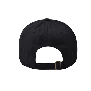 Detailed back view of a black cotton baseball cap with an adjustable bronze metal buckle