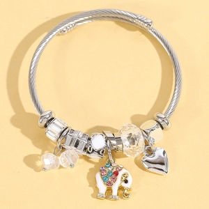 Bohemian Stainless Steel Wire Bangle Bracelet For Women With Alloy Elephant Heart Multi-Color Rhinestone Crystal Beads