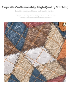 Detail of multi-texture leather patchwork tote with orange stitching and gold rivets