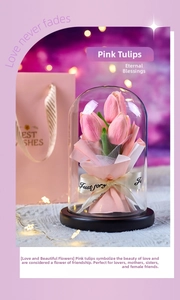 Pink tulip eternal soap flowers in a glass dome with LED lights and gift bag set