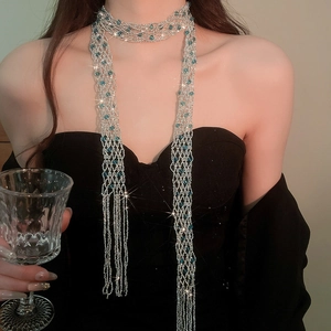 Long crystal beaded tassel necklace shown on a model for a sparkling detail view