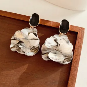 French style marble resin flower earrings with gold plating and vintage black enamel studs