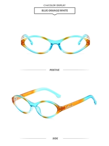 Front and side views of vintage oval sunglasses with blue and orange gradient frames