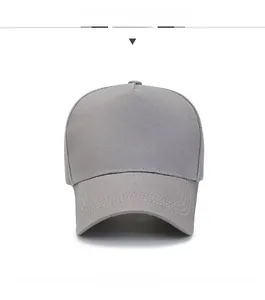 Front close-up of grey cotton baseball cap with five-panel design on white background