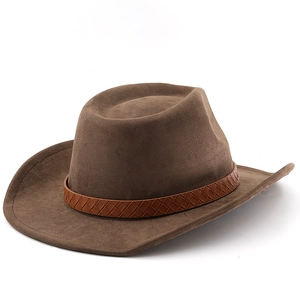 Detailed view of the woven leather band on a dark brown suede cowboy hat texture