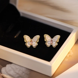 Butterfly Stud Earrings With Silver Earring Post Alloy White Enamel Pink Zircon French Retro Forest Style For Women