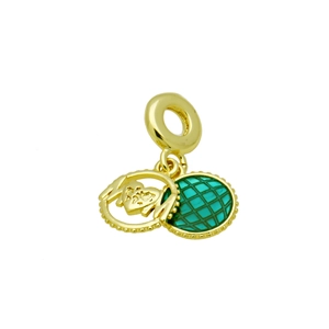 Detail of golden MOM charm with heart engraving and green textured disc pendant