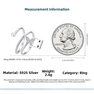 Detailed size measurement of S925 silver butterfly ring compared with a US quarter coin