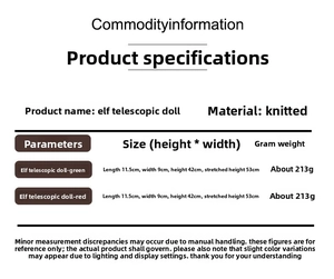 Size chart showing height of retractable Christmas elf doll from 42cm to 53cm