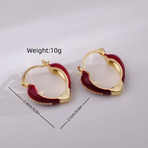 French vintage gold heart earrings with red enamel and crystals, 2.4cm drop size
