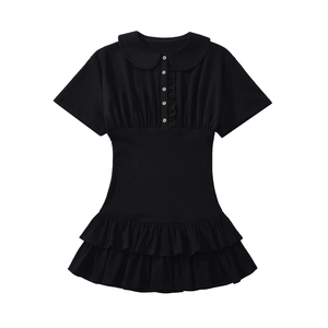 Black short-sleeve dress featuring a doll collar, buttoned front, and ruffled hemline