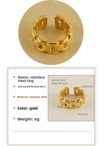 Macro shot of 18K gold plated stainless steel tank chain ring with adjustable open band