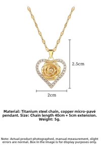 Detailed shot of titanium steel necklace featuring a heart pendant with rose and zircons