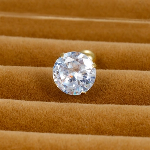 Classic round AAA zircon stud earring with gold four-prong setting on brown velvet box