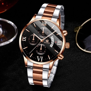 Detail of SHAARMS business watch featuring Roman numerals and two-tone stainless steel band
