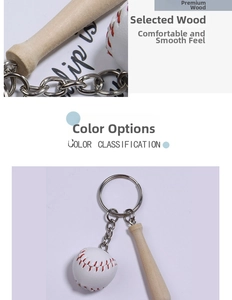 Detail of wooden baseball bat keychain with white softball charm and silver metal ring